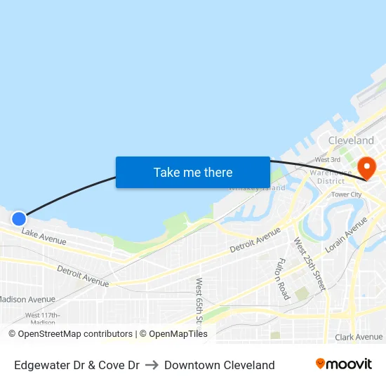 Edgewater Dr & Cove Dr to Downtown Cleveland map