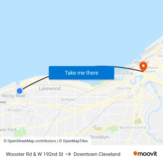 Wooster Rd & W 192nd St to Downtown Cleveland map