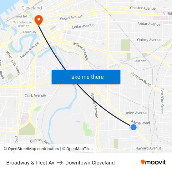 Broadway & Fleet Av to Downtown Cleveland map