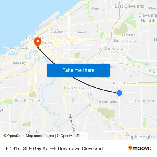 E 131st St & Gay Av to Downtown Cleveland map
