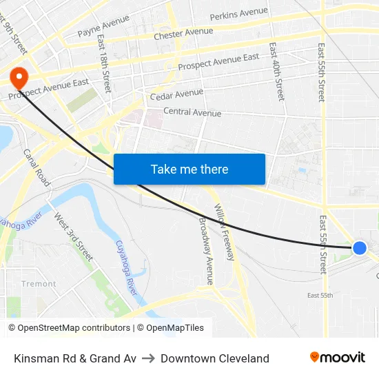 Kinsman Rd & Grand Av to Downtown Cleveland map