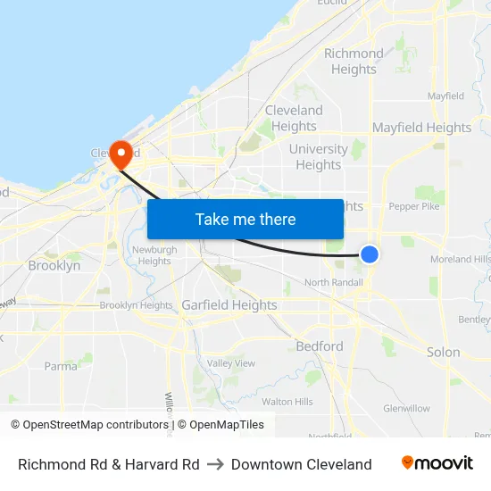 Richmond Rd & Harvard Rd to Downtown Cleveland map
