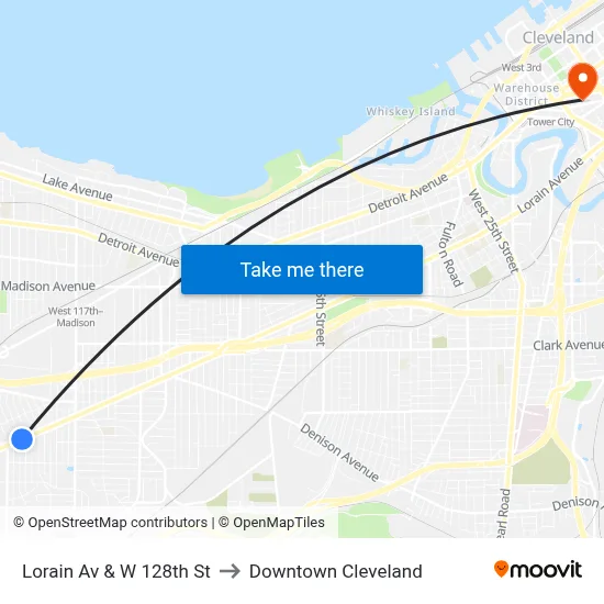Lorain Av & W 128th St to Downtown Cleveland map