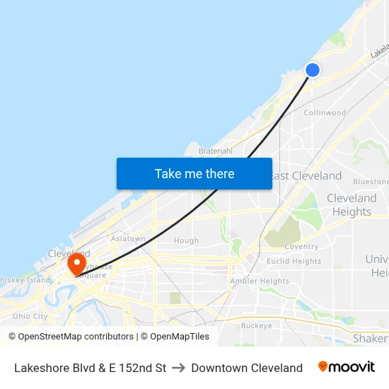 Lakeshore Blvd & E 152nd St to Downtown Cleveland map