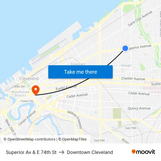 Superior Av & E 74th St to Downtown Cleveland map