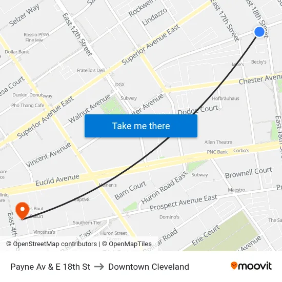 Payne Av & E 18th St to Downtown Cleveland map