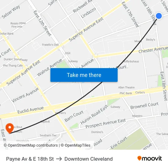 Payne Av & E 18th St to Downtown Cleveland map