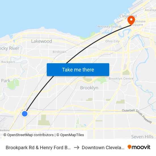 Brookpark Rd & Henry Ford Blvd to Downtown Cleveland map