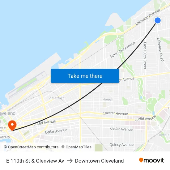 E 110th St & Glenview Av to Downtown Cleveland map