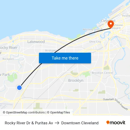 Rocky River Dr & Puritas Av to Downtown Cleveland map