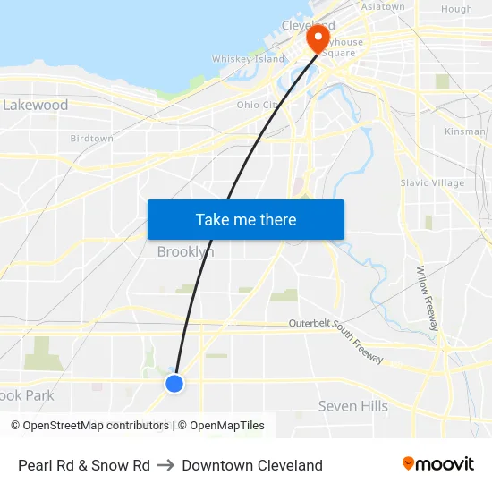 Pearl Rd & Snow Rd to Downtown Cleveland map