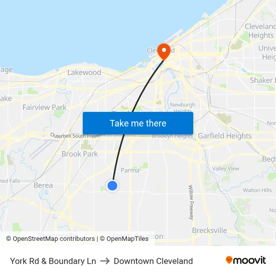 York Rd & Boundary Ln to Downtown Cleveland map