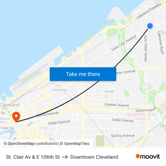St. Clair Av & E 106th St to Downtown Cleveland map