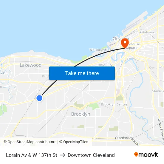Lorain Av & W 137th St to Downtown Cleveland map