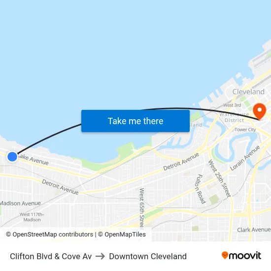 Clifton Blvd & Cove Av to Downtown Cleveland map
