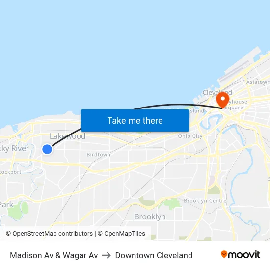 Madison Av & Wagar Av to Downtown Cleveland map