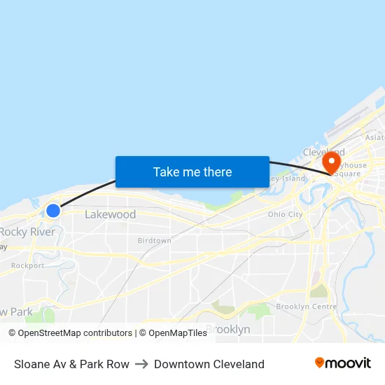 Sloane Av & Park Row to Downtown Cleveland map