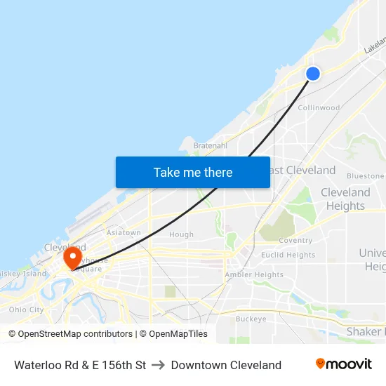 Waterloo Rd & E 156th St to Downtown Cleveland map