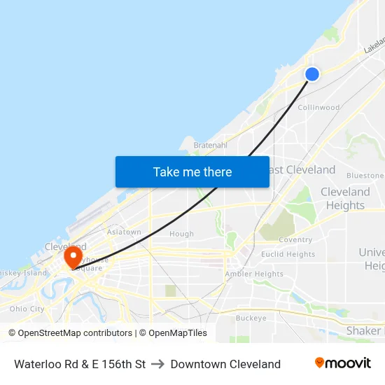 Waterloo Rd & E 156th St to Downtown Cleveland map