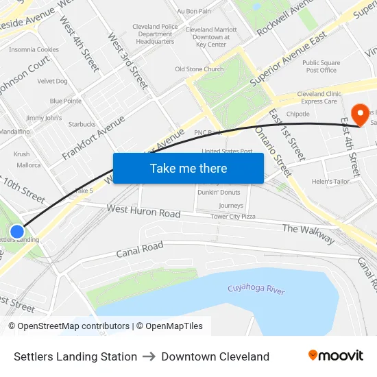 Settlers Landing Station to Downtown Cleveland map