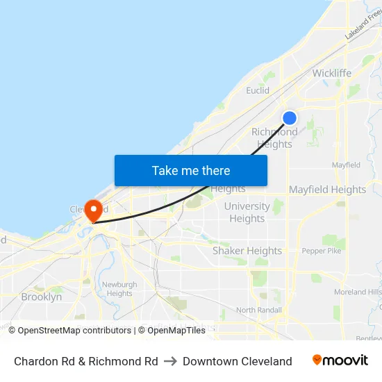 Chardon Rd & Richmond Rd to Downtown Cleveland map
