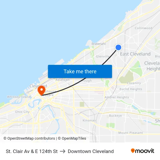 St. Clair Av & E 124th St to Downtown Cleveland map