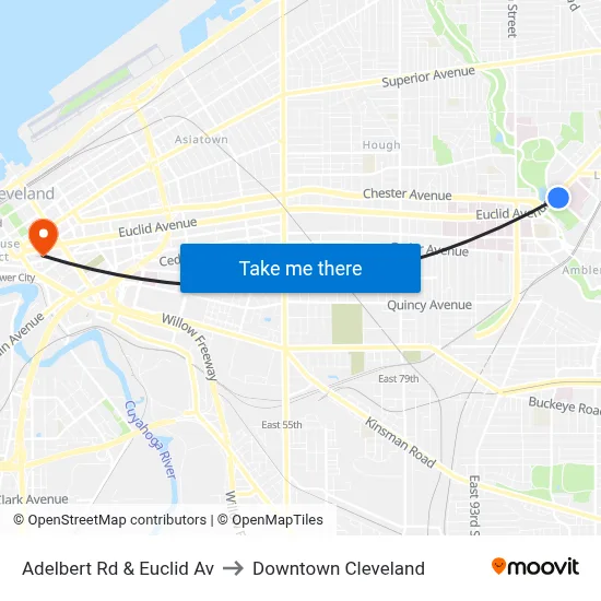 Adelbert Rd & Euclid Av to Downtown Cleveland map