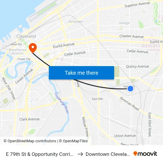 E 79th St & Opportunity Corridor to Downtown Cleveland map