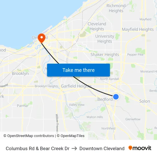 Columbus Rd & Bear Creek Dr to Downtown Cleveland map