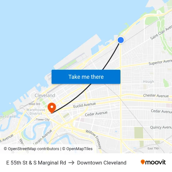E 55th St & S Marginal Rd to Downtown Cleveland map