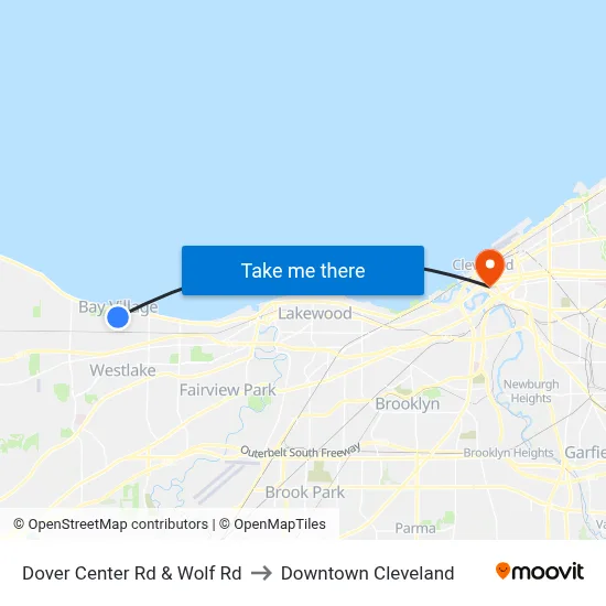 Dover Center Rd & Wolf Rd to Downtown Cleveland map