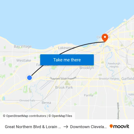 Great Northern Blvd & Lorain Rd to Downtown Cleveland map