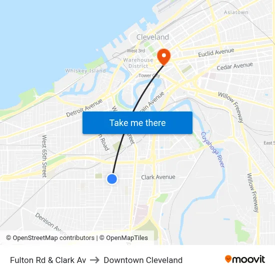 Fulton Rd & Clark Av to Downtown Cleveland map