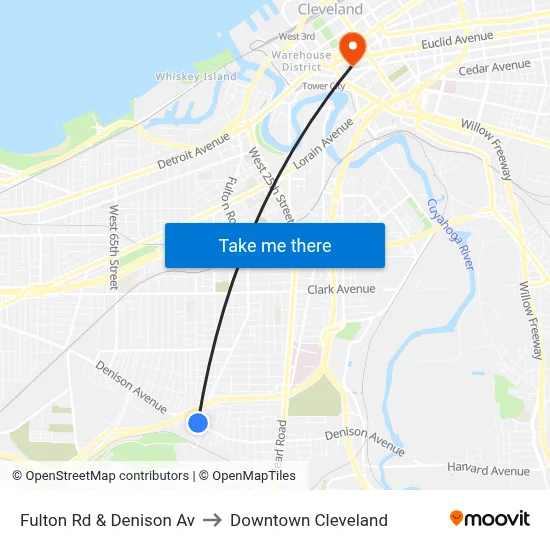 Fulton Rd & Denison Av to Downtown Cleveland map