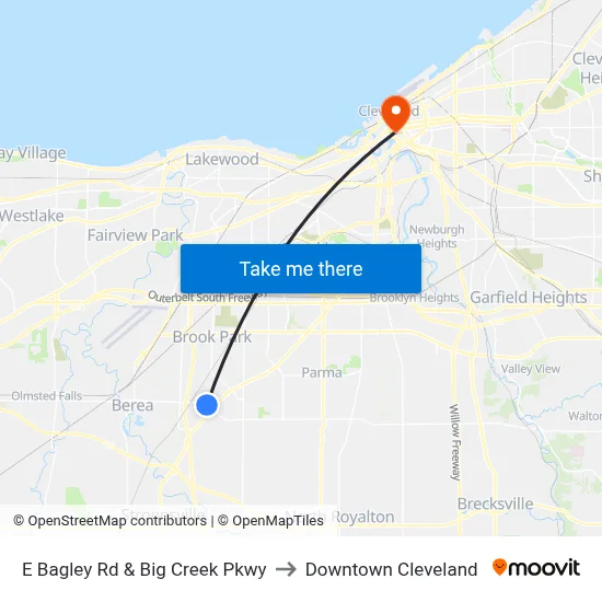 E Bagley Rd & Big Creek Pkwy to Downtown Cleveland map