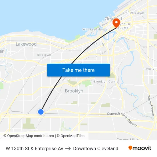 W 130th St & Enterprise Av to Downtown Cleveland map