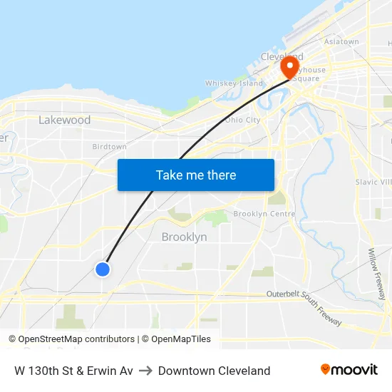 W 130th St & Erwin Av to Downtown Cleveland map