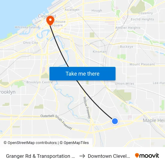Granger Rd & Transportation Blvd to Downtown Cleveland map