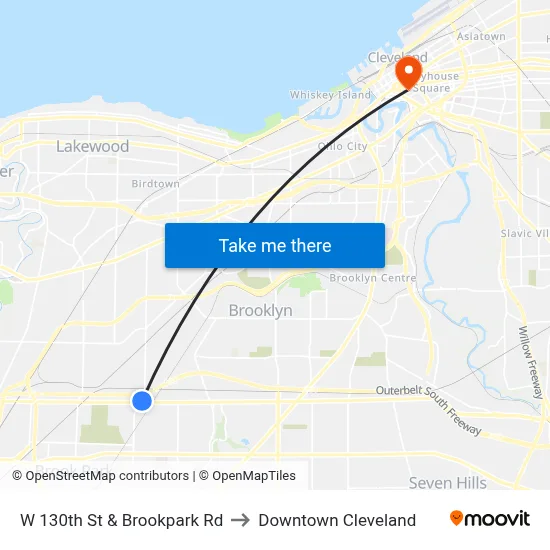 W 130th St & Brookpark Rd to Downtown Cleveland map