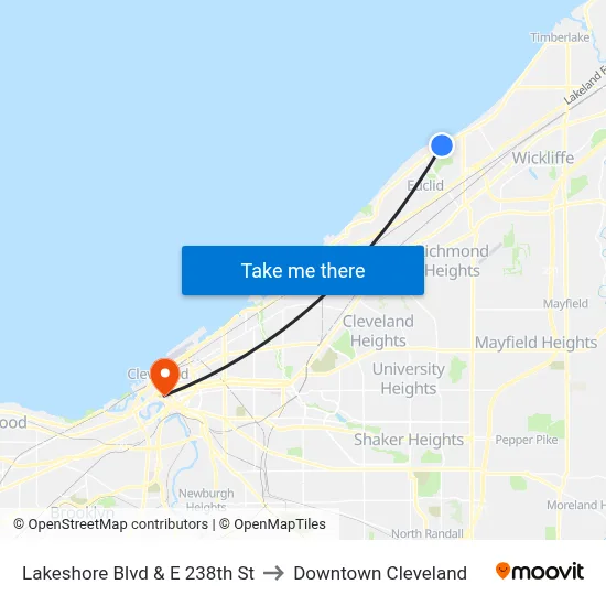 Lakeshore Blvd & E 238th St to Downtown Cleveland map