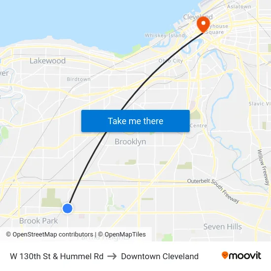 W 130th St & Hummel Rd to Downtown Cleveland map