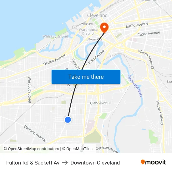 Fulton Rd & Sackett Av to Downtown Cleveland map