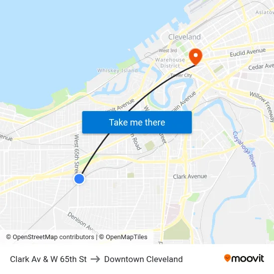 Clark Av & W 65th St to Downtown Cleveland map