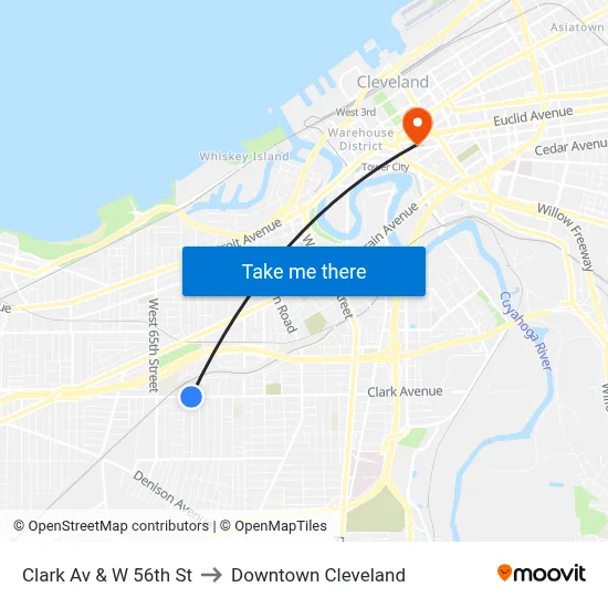 Clark Av & W 56th St to Downtown Cleveland map