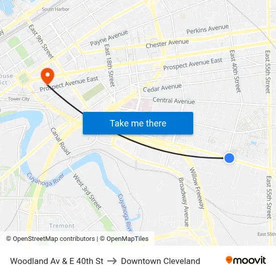 Woodland Av & E 40th St to Downtown Cleveland map