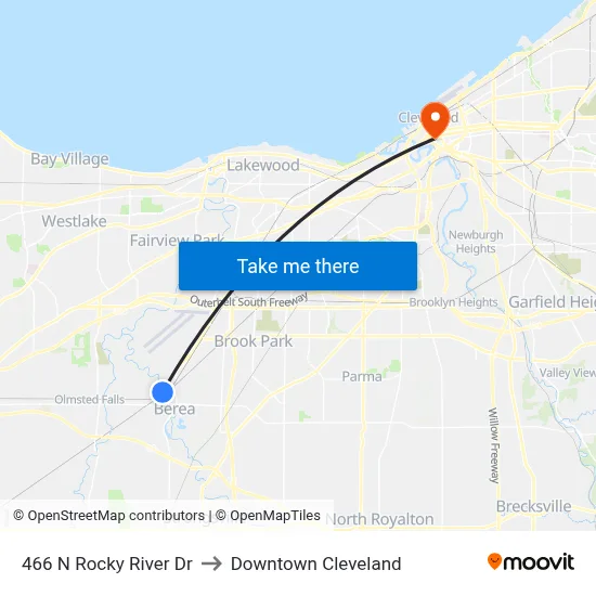 466 N Rocky River Dr to Downtown Cleveland map