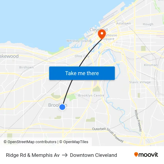 Ridge Rd & Memphis Av to Downtown Cleveland map