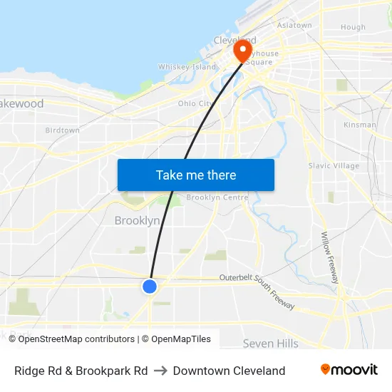 Ridge Rd & Brookpark Rd to Downtown Cleveland map