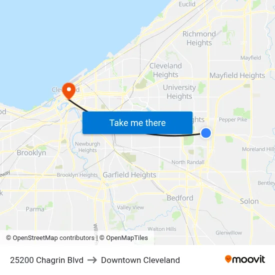 25200 Chagrin Blvd to Downtown Cleveland map