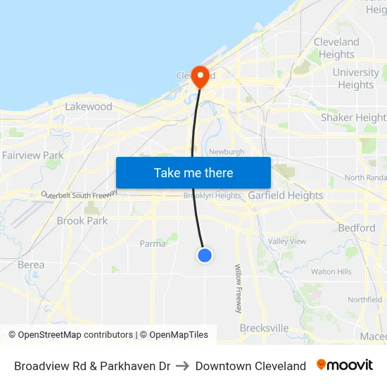 Broadview Rd & Parkhaven Dr to Downtown Cleveland map